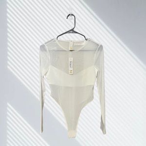 MESHKI | WHITE BLAIRE LONG SLEEVE MESH BODYSUIT (BRAND NEW WITH TAGS)